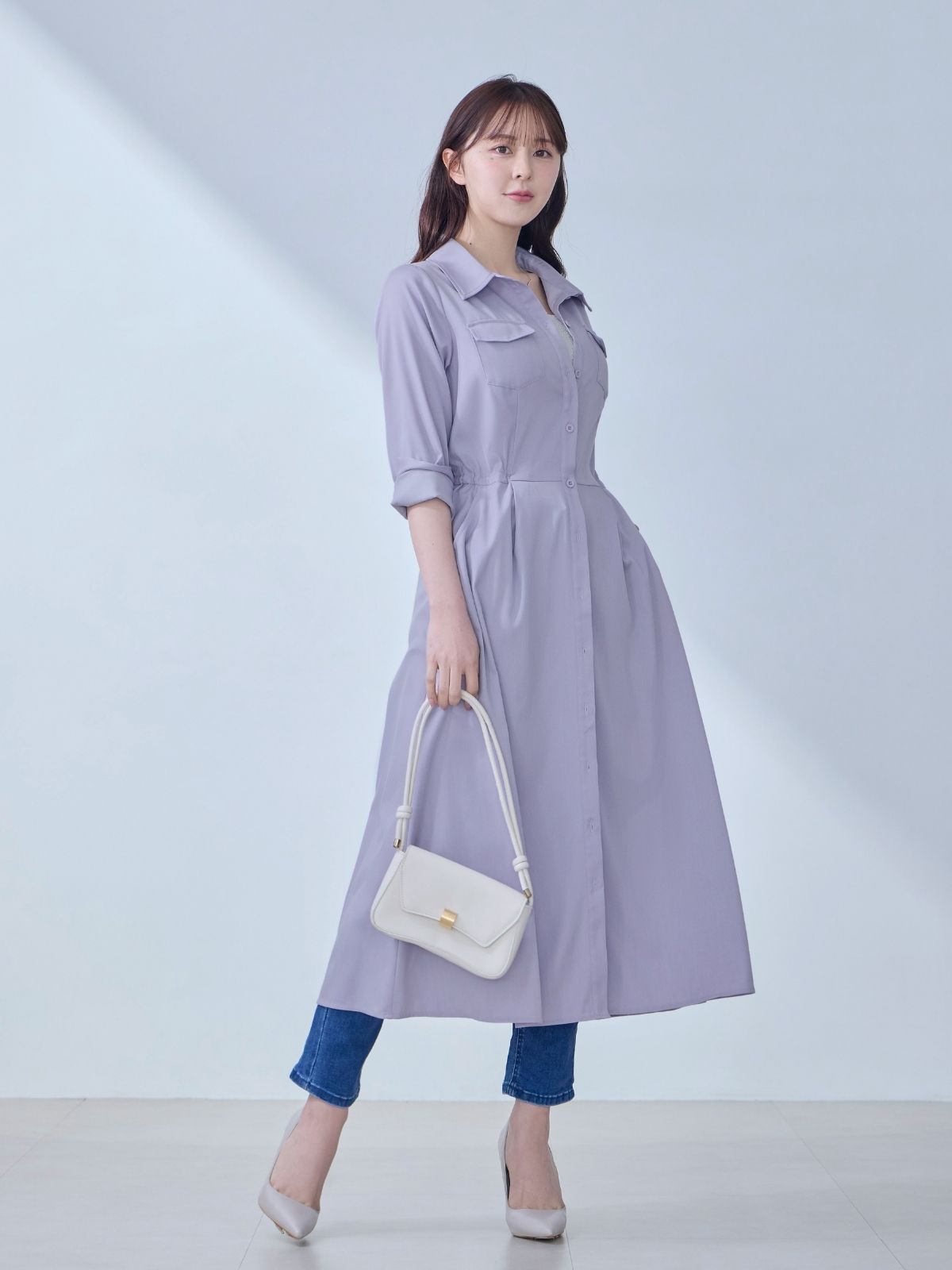 ドロストシャツワンピース 26SS：ラベンダー│胸が大きな女性のための