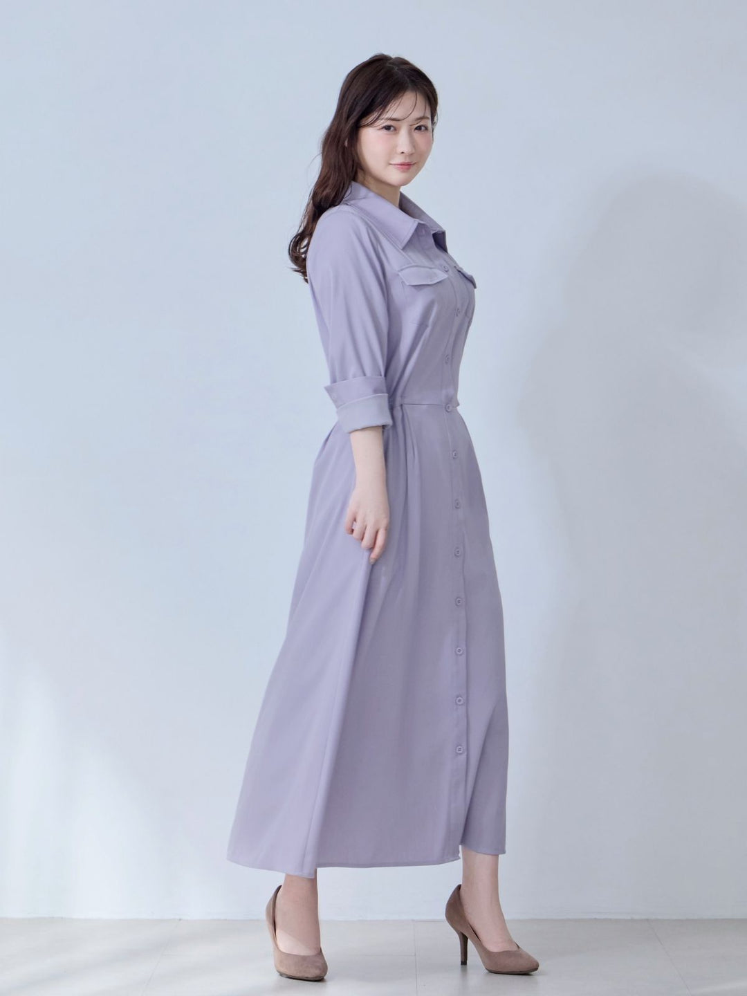 ドロストシャツワンピース 26SS：ラベンダー│胸が大きな女性のための