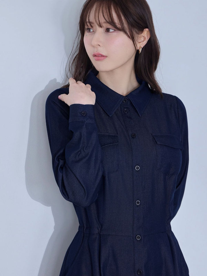 ドロストシャツワンピース 26SS：インディゴ│胸が大きな女性のための