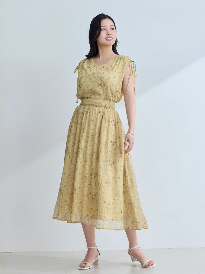 overE　楊柳シフォンショルダーリボンワンピース　イエロー　102 楊柳シフォンショルダーリボンワンピース：イエロー│胸が大きな女性の