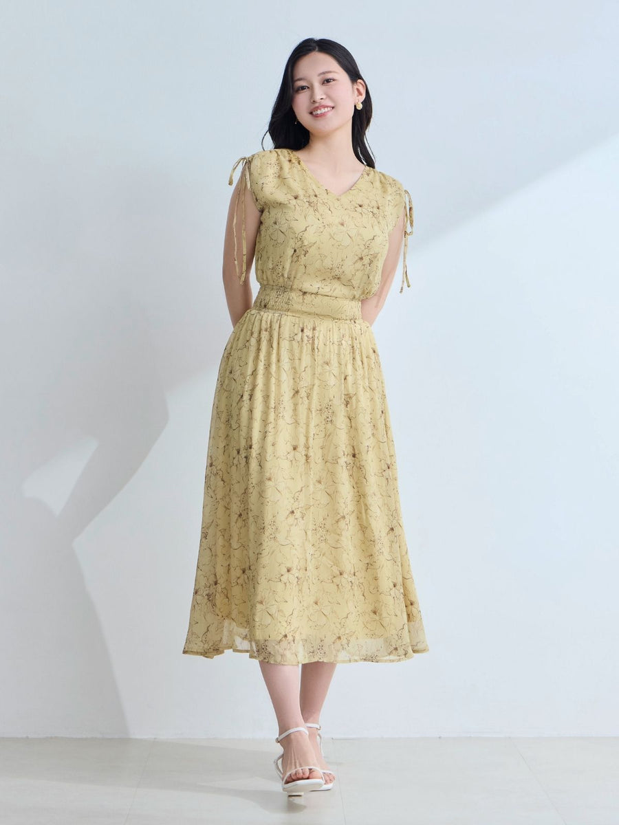 [5/7 22:00発売 期間限定 500円OFF]楊柳シフォンショルダーリボンワンピース：イエロー[入荷次第発送]
