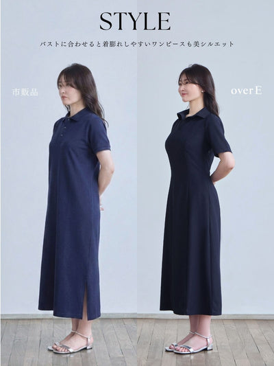 セミタイトサマーポロワンピース：ブラックバイカラー│胸が大きな女性