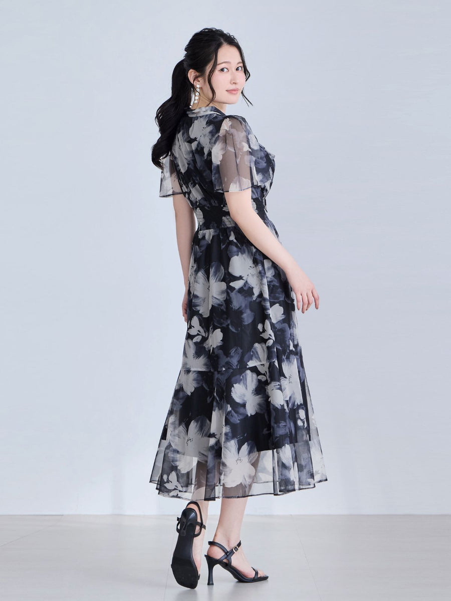 [7/2 22:00発売 期間限定 1500円OFF]ボウタイシアーフラワーワンピース：ブラック[入荷次第発送]