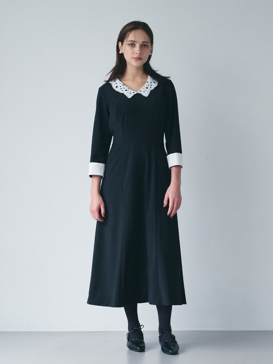[10/22 22:00発売 期間限定 5%OFF]【ÉTOFIE】Fine wool-blended lace collar classic dress：BLACK[入荷次第発送]