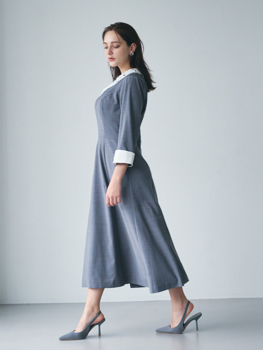 [10/22 22:00発売 期間限定 5%OFF]【ÉTOFIE】Fine wool-blended lace collar classic dress：GRAY[入荷次第発送]
