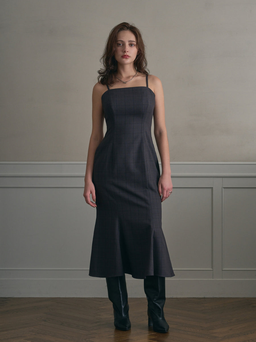 [10/15 22:00発売 期間限定 5%OFF]【ÉTOFIE】Glen check mermaid camisole dress：GRAY