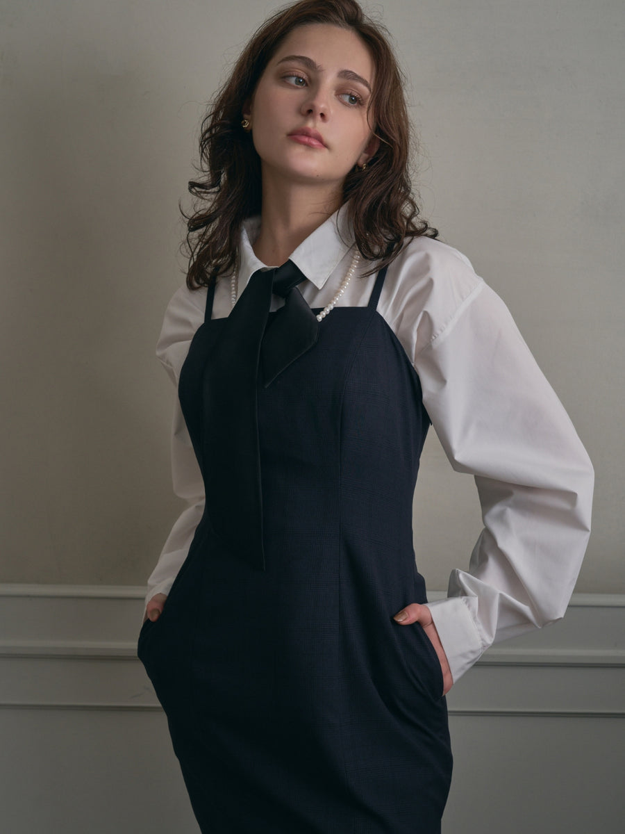 [10/15 22:00発売 期間限定 5%OFF]【ÉTOFIE】Glen check mermaid camisole dress：NAVY