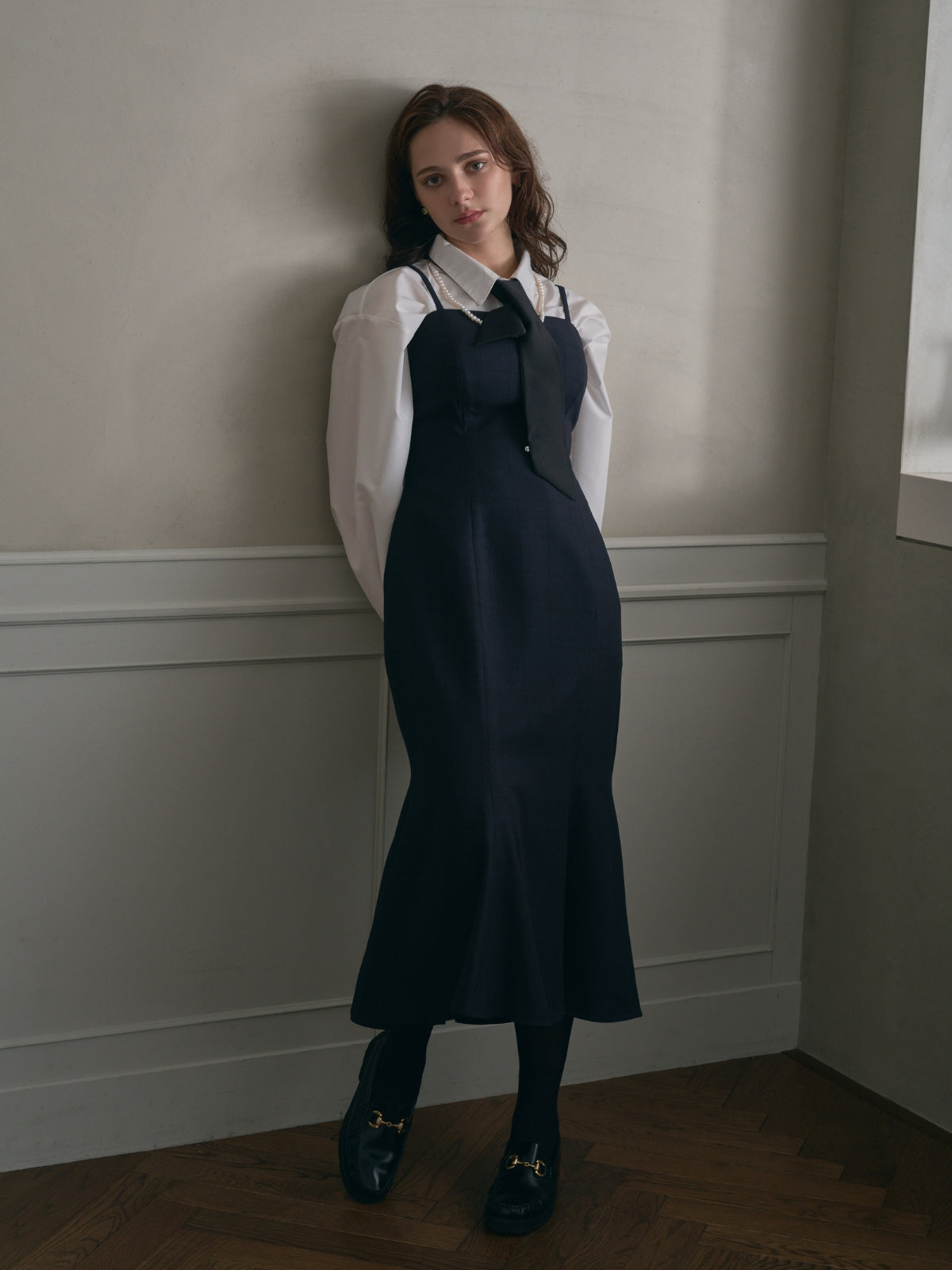 Glen check mermaid camisole dress：NAVY│胸が大きな女性のための 
