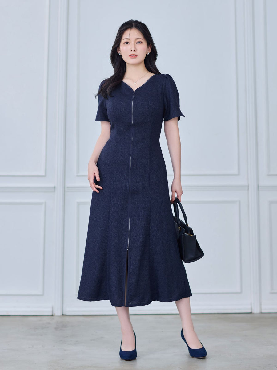 [8/27 22:00発売 期間限定 500円OFF]ツイードライクフロントジップパイピングワンピース：マットネイビー[入荷次第発送]