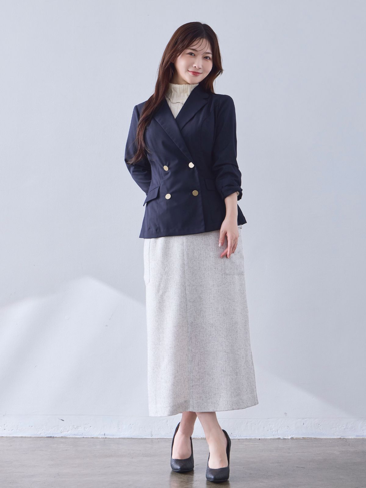 [9/18 22:00～40%OFF]胸元立体ブレザージャケット：ネイビー