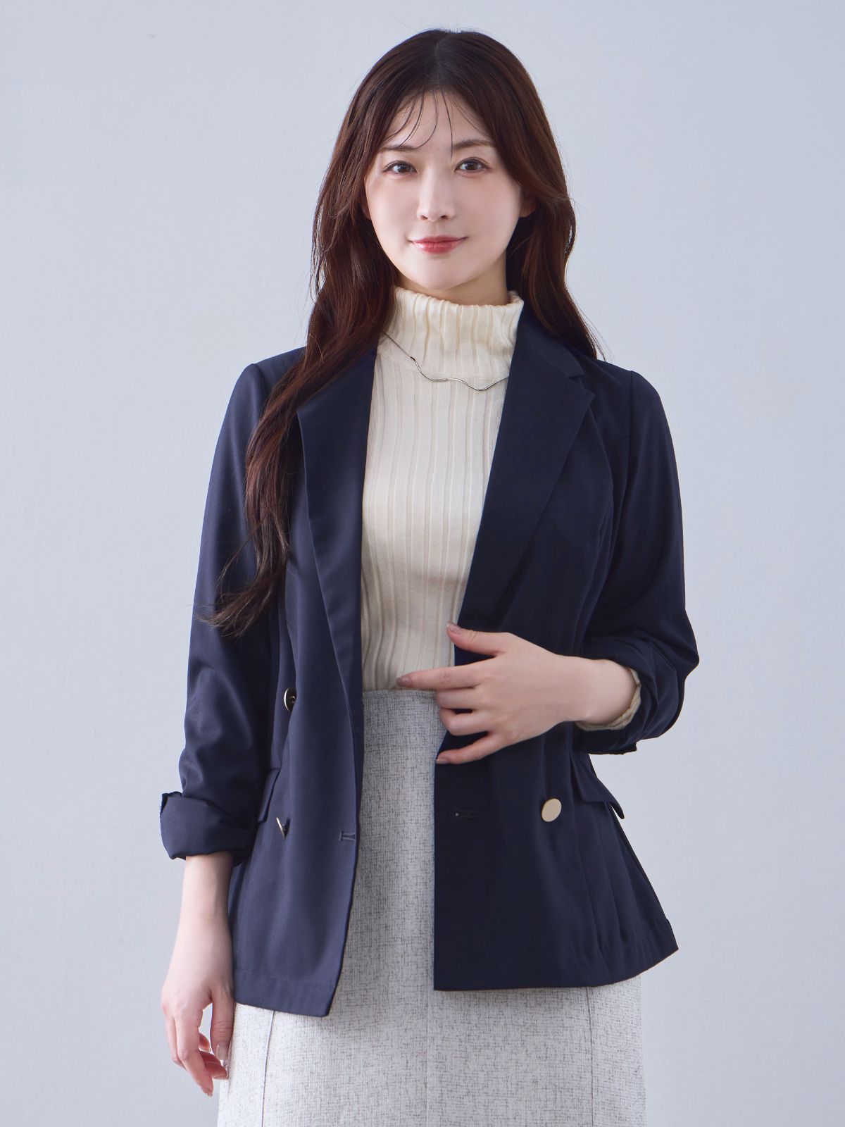 [9/18 22:00～40%OFF]胸元立体ブレザージャケット：ネイビー