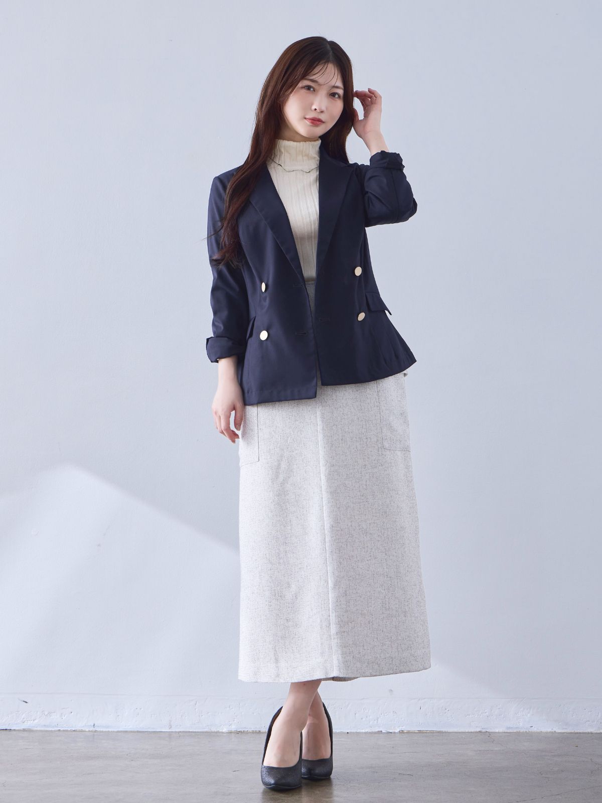 [9/18 22:00～40%OFF]胸元立体ブレザージャケット：ネイビー