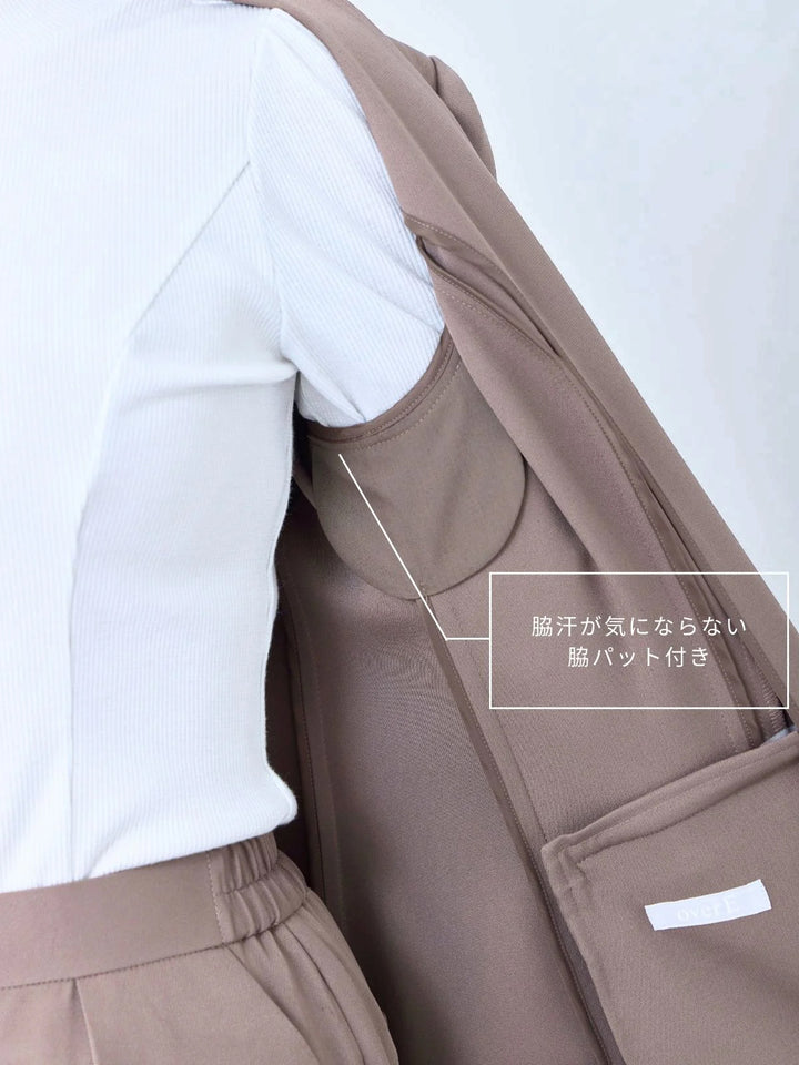 ノーカラーハイストレッチジョーゼットジャケット：モカ│胸が大きな