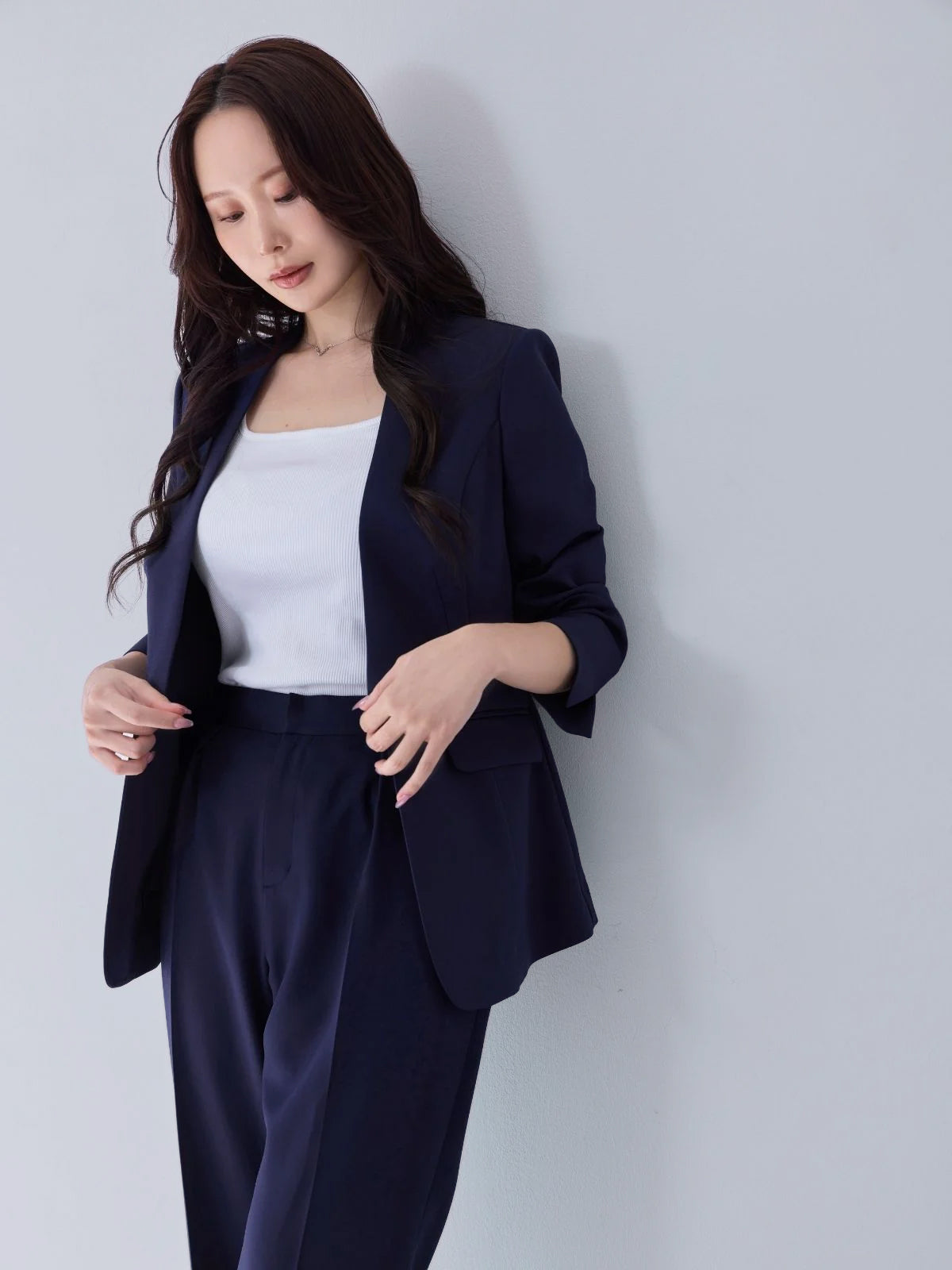 [10/16 22:00再販 期間限定 300円OFF]ハイストレッチジョーゼットパンツ 25AW：ネイビー