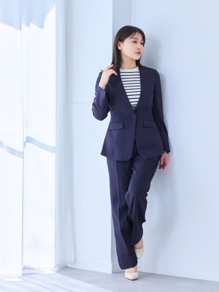 注文割引 ノーカラーハイストレッチジョーゼットジャケット：ネイビー│胸 ジャケット・アウター