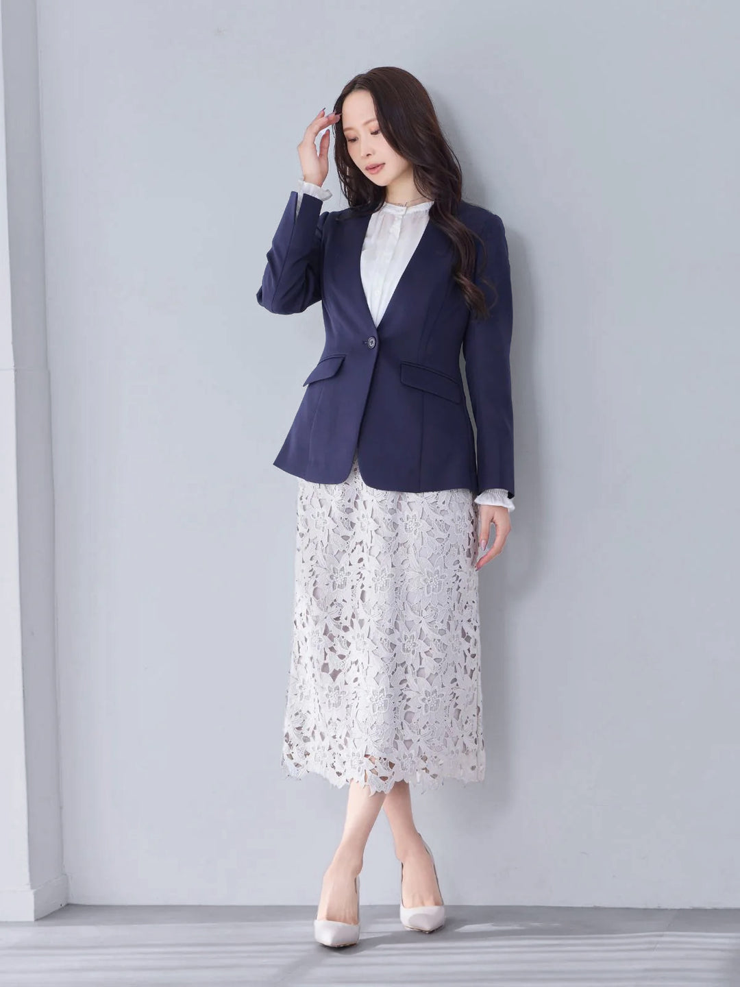 未着用【22オクトーブル】ジョーゼットノーカラージャケット　セレモニー/ビジネス カットジョーゼットノーカラージャケット