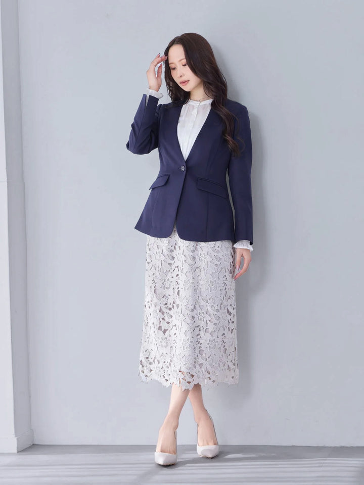 ノーカラーハイストレッチジョーゼットジャケット：ネイビー│胸