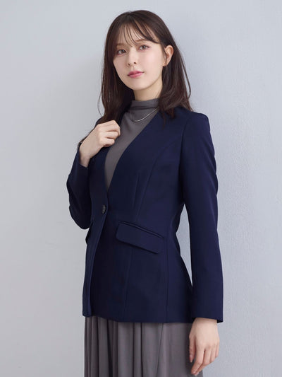 [10/16 22:00再販 期間限定 500円OFF]ノーカラーハイストレッチジョーゼットジャケット 25AW：ネイビー[102サイズ対応]