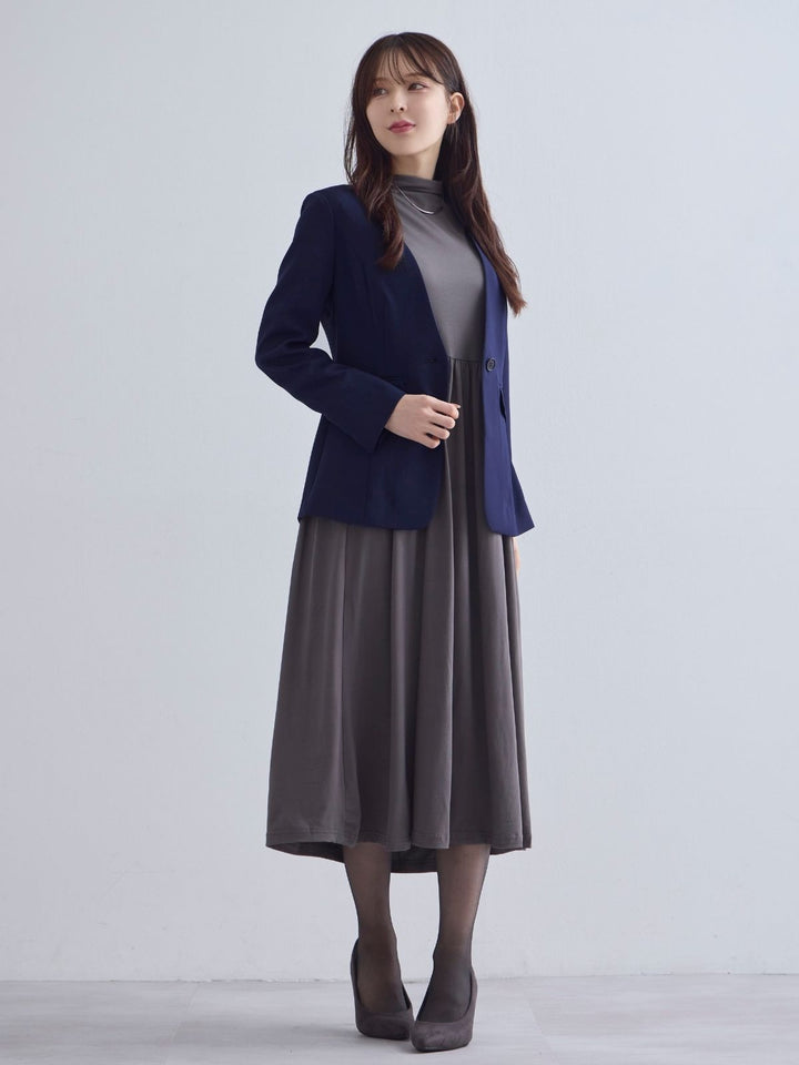 ノーカラーハイストレッチジョーゼットジャケット：ネイビー│胸