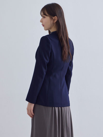 [10/16 22:00再販 期間限定 500円OFF]ノーカラーハイストレッチジョーゼットジャケット 25AW：ネイビー[102サイズ対応]