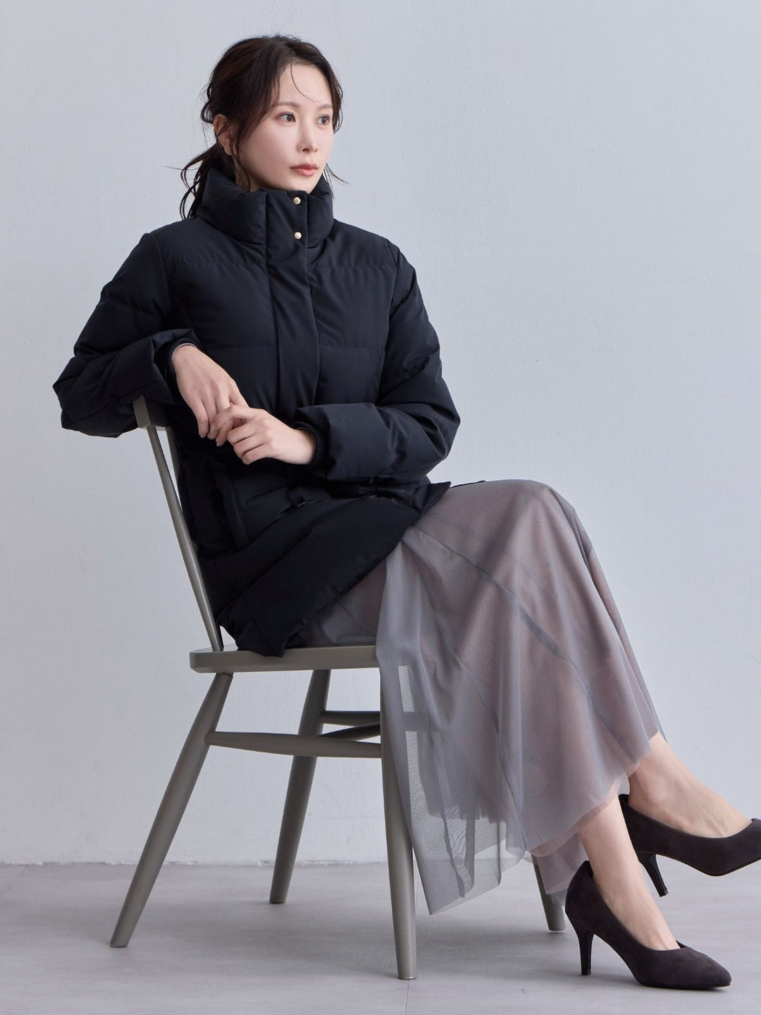 ウエストマークストレッチダウンコート:ネイビー│胸が大きな女性の ウエストマークストレッチダウンコート:ネイビー│胸が大きな女性の