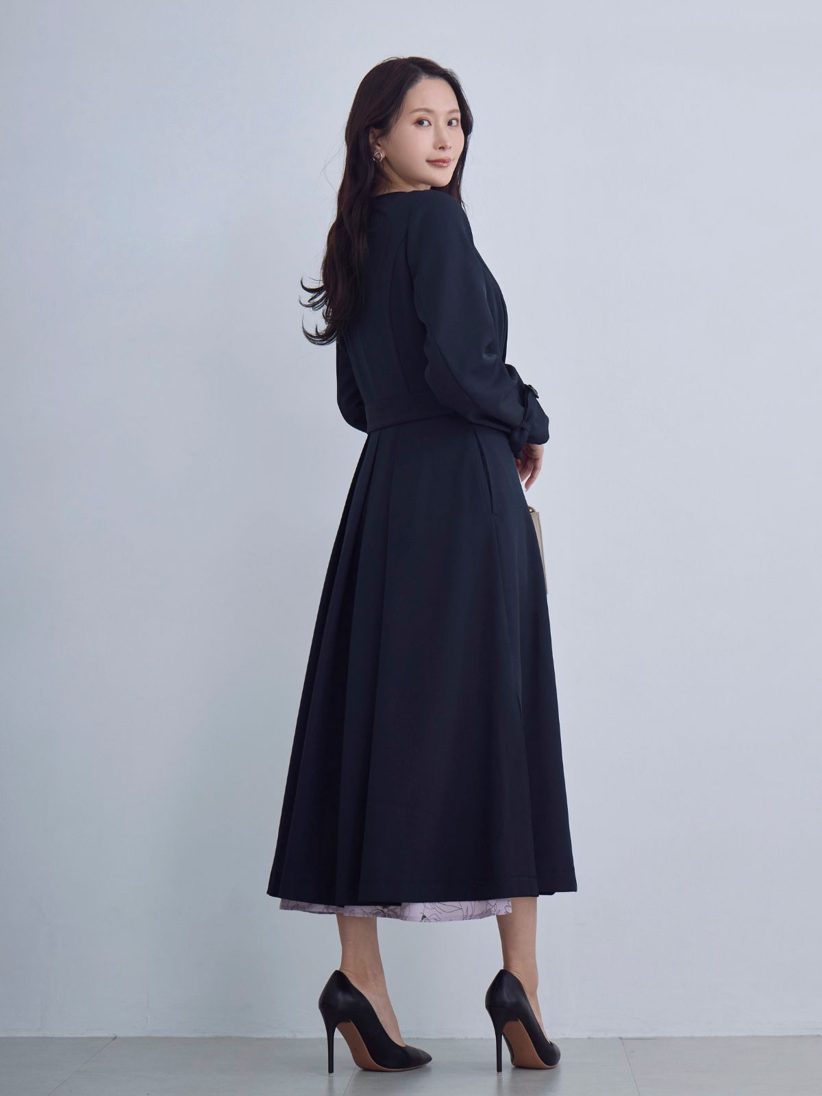 2wayノーカラートレンチコート26SS：ネイビー│胸が大きな女性のための