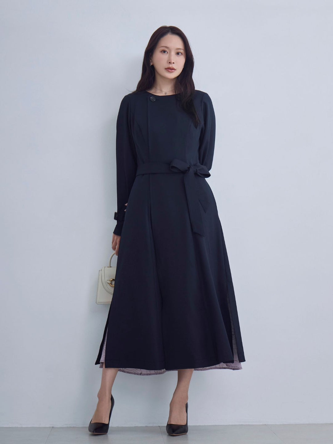 2wayノーカラートレンチコート26SS：ネイビー│胸が大きな女性のための