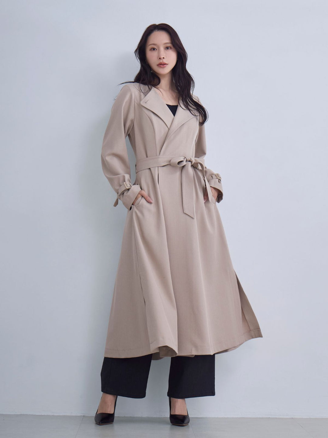 新品 overE 【102サイズ】2wayノーカラートレンチコート　ベージュ 2wayノーカラートレンチコート26SS：ベージュ│胸が大きな女性のための