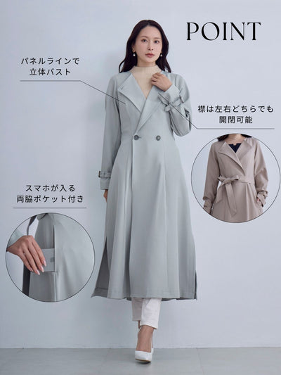 overE/ 2wayノーカラートレンチコート26SS：アイスグレー / 90 2wayノーカラートレンチコート26SS：アイスグレー│胸が大きな女性の