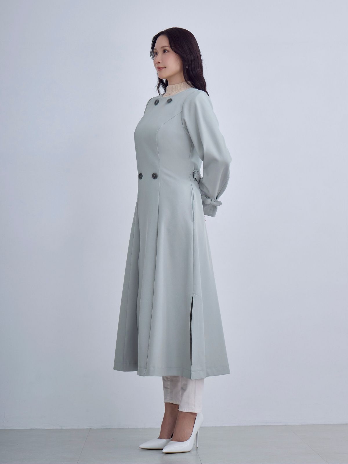 2wayノーカラートレンチコート26SS：ネイビー│胸が大きな女性のための