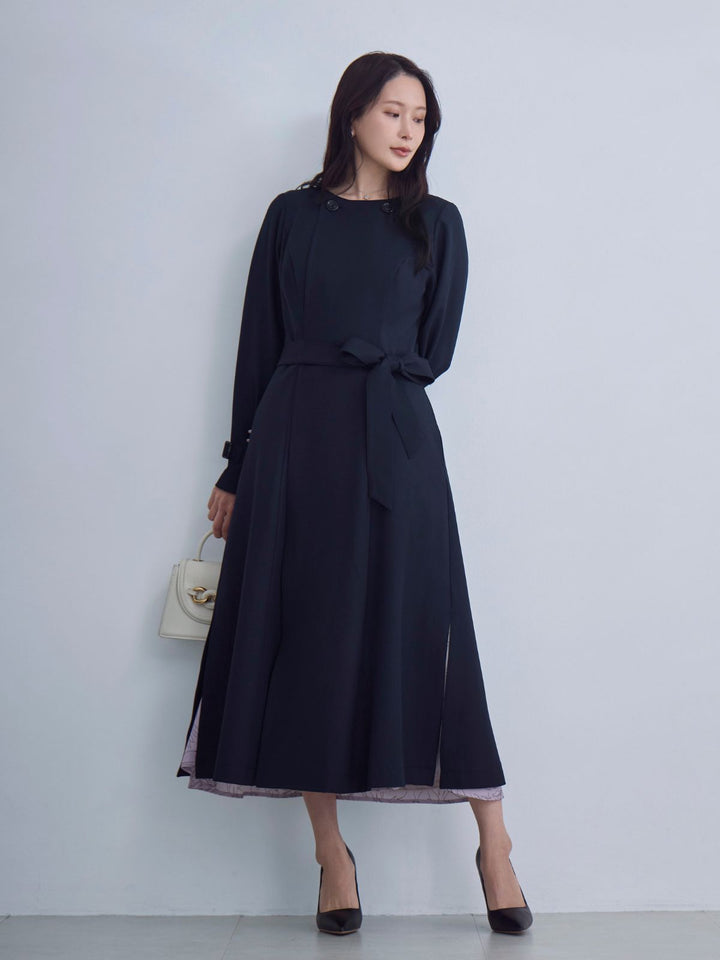 2wayノーカラートレンチコート26SS：ネイビー│胸が大きな女性のための
