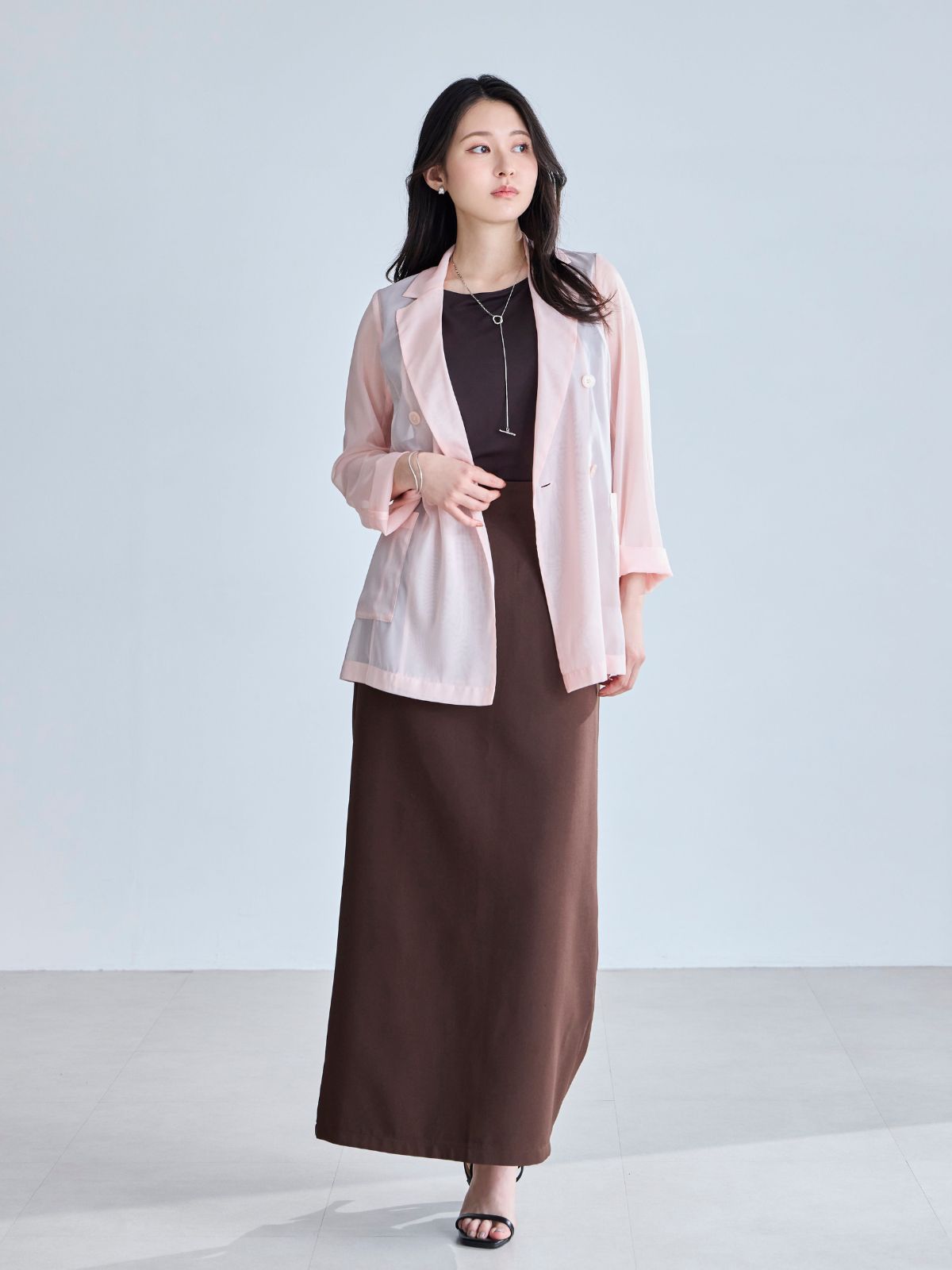 新品✩完売✩overE 自然にくびれるシアージャケット 102モーブピンク 自然にくびれるとろみシアージャケット：ライトピンク│胸が大きな女性