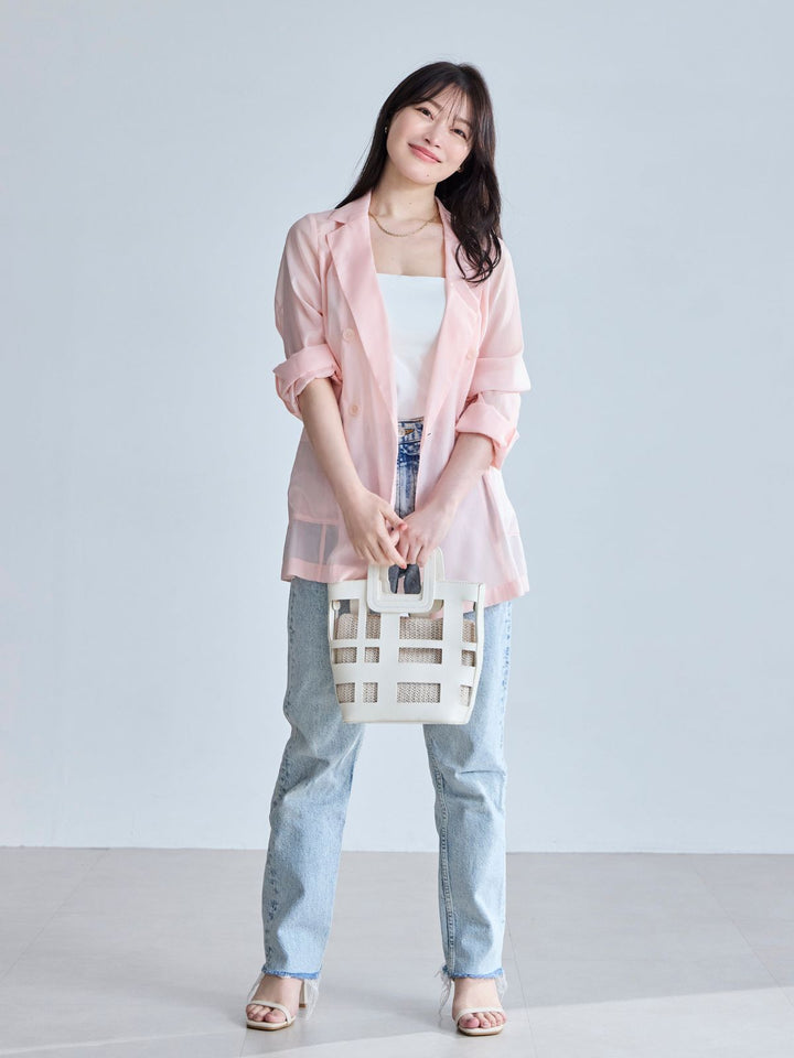 新品✩完売✩overE 自然にくびれるシアージャケット 102モーブピンク 自然にくびれるとろみシアージャケット：ライトピンク│胸が大きな女性