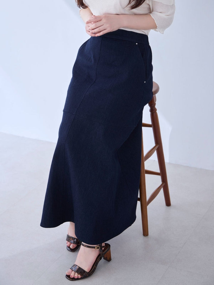 overE セミフレアスカート　インディゴ　L overE セミフレアスカート インディゴ L ストレッチデニムセミフレア