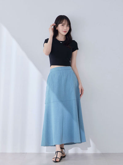 [6/5 22:00発売 期間限定 300円OFF]ストレッチデニムセミフレアスカート：ライトブルー
