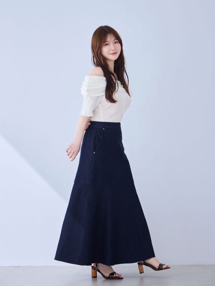 【SALE／37%OFF】 ストレッチデニムセミフレアスカート：インディゴ│胸が大きな スカート