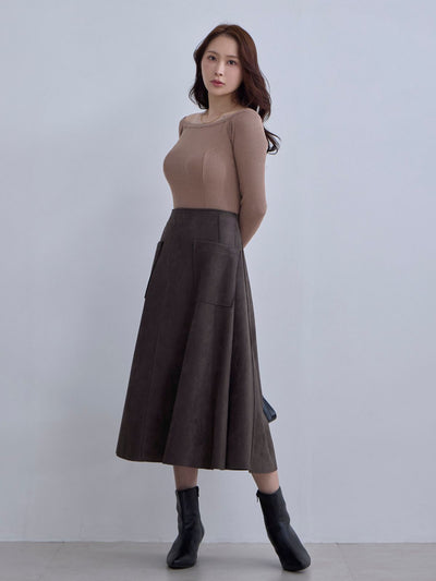 [12/11 22:00発売 期間限定 300円OFF]スエードライクフレアスカート：アッシュブラウン