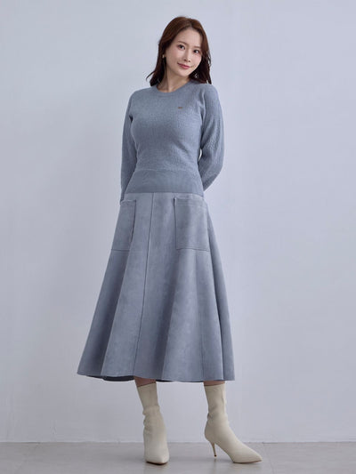 [12/11 22:00発売 期間限定 300円OFF]スエードライクフレアスカート：ブルーグレー