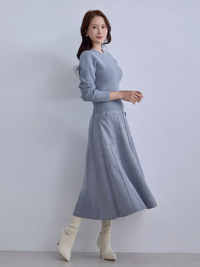 [12/11 22:00発売 期間限定 300円OFF]スエードライクフレアスカート：ブルーグレー