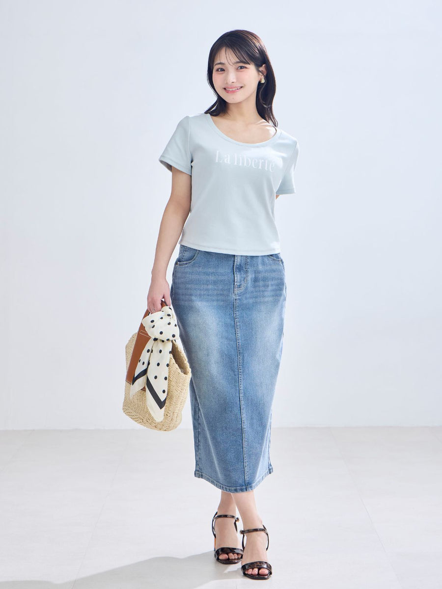 [4/23 22:00発売 期間限定 300円OFF]デニムセミタイトスカート：サックス