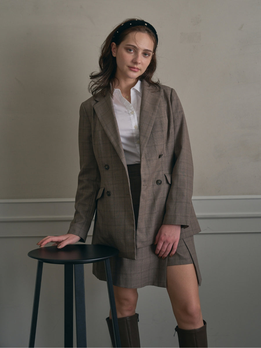 [10/15 22:00発売 期間限定 5%OFF]【ÉTOFIE】Glen check double-breasted jacket：MOCHA