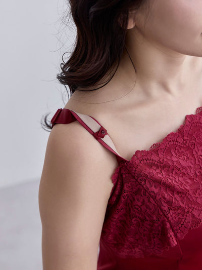 [11/6 22:00販売 期間限定 200円OFF]ブラ紐とまるレースキャミソールスリップ：ネイビー[102サイズ対応]