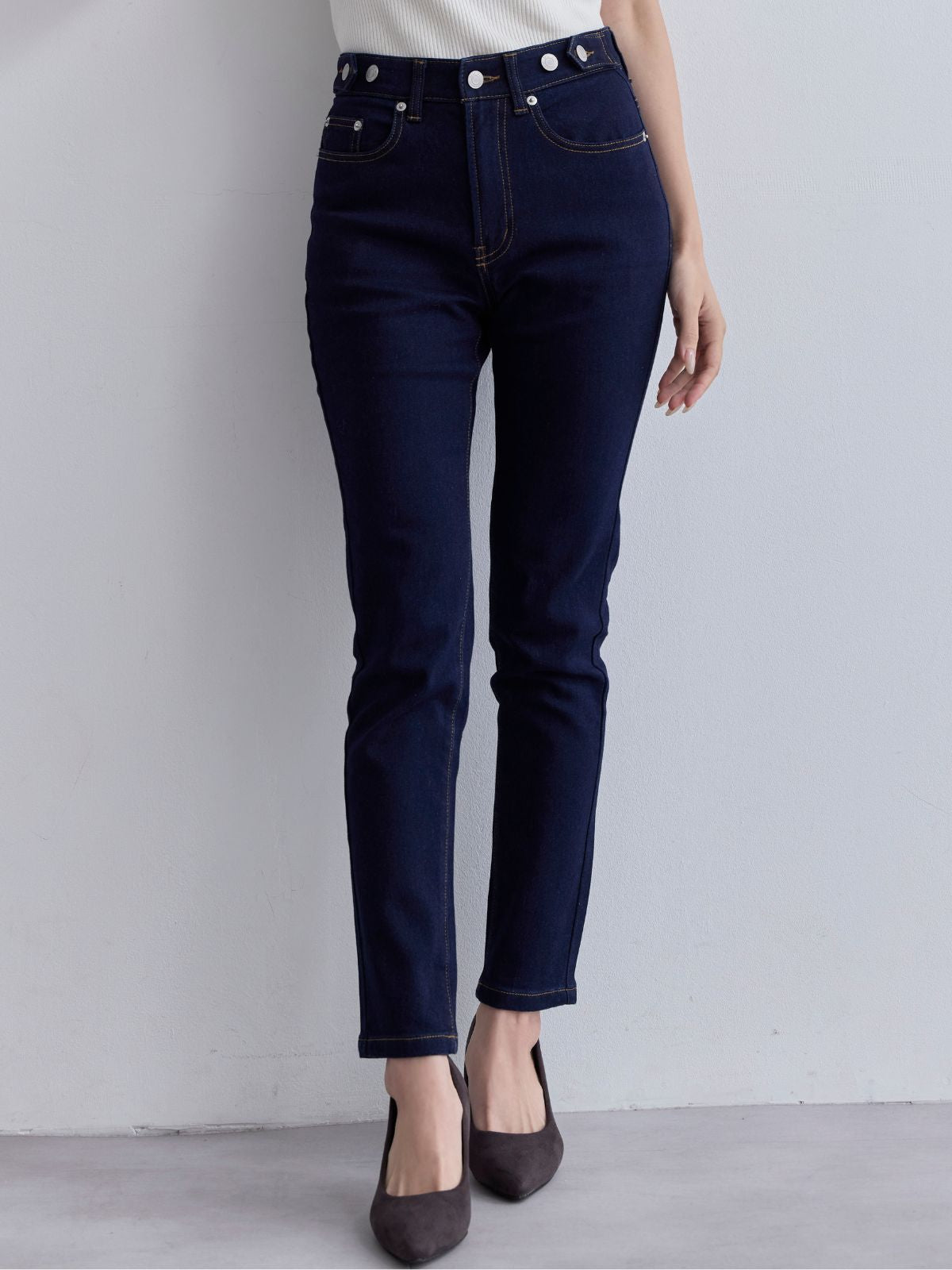 [10/30 22:00発売 期間限定 300円OFF]ウエスト調節できる裏微起毛ストレッチスキニーデニム：ブラック[入荷次第発送]