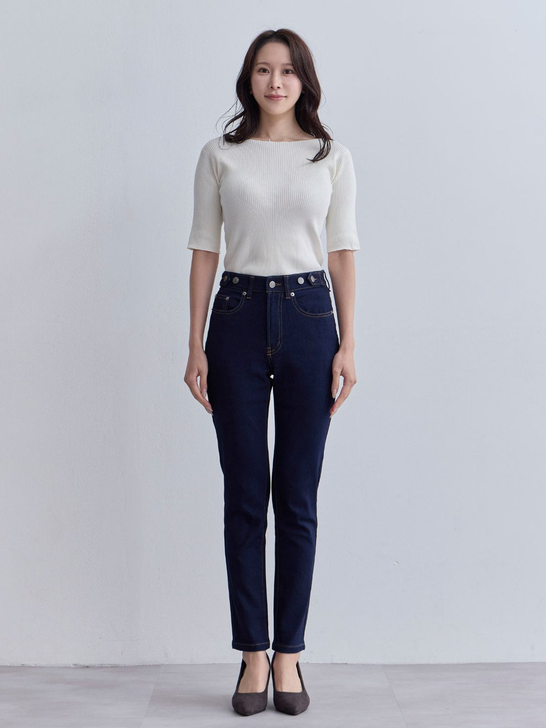 ウエスト調節できる裏微起毛ストレッチスキニーデニム：インディゴ│胸