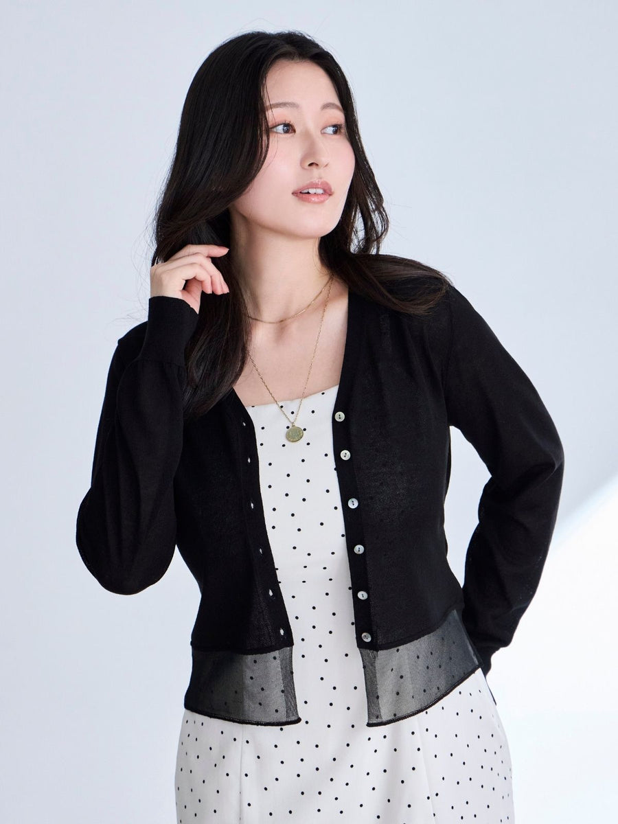 [7/16 22:00発売 期間限定 300円OFF]UVカット裾シアーサマーカーディガン：ブラック