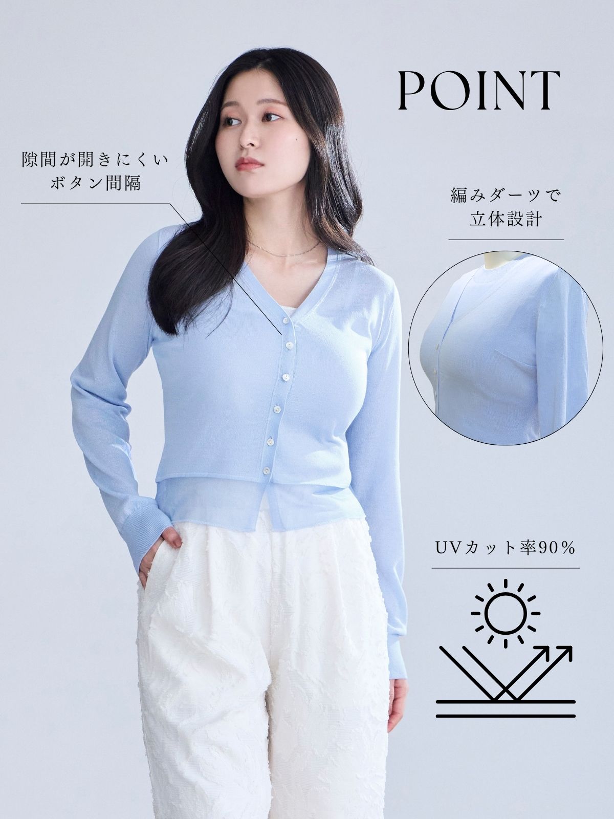 UVカット裾シアーサマーカーディガン：ホワイト│胸が大きな女性のため