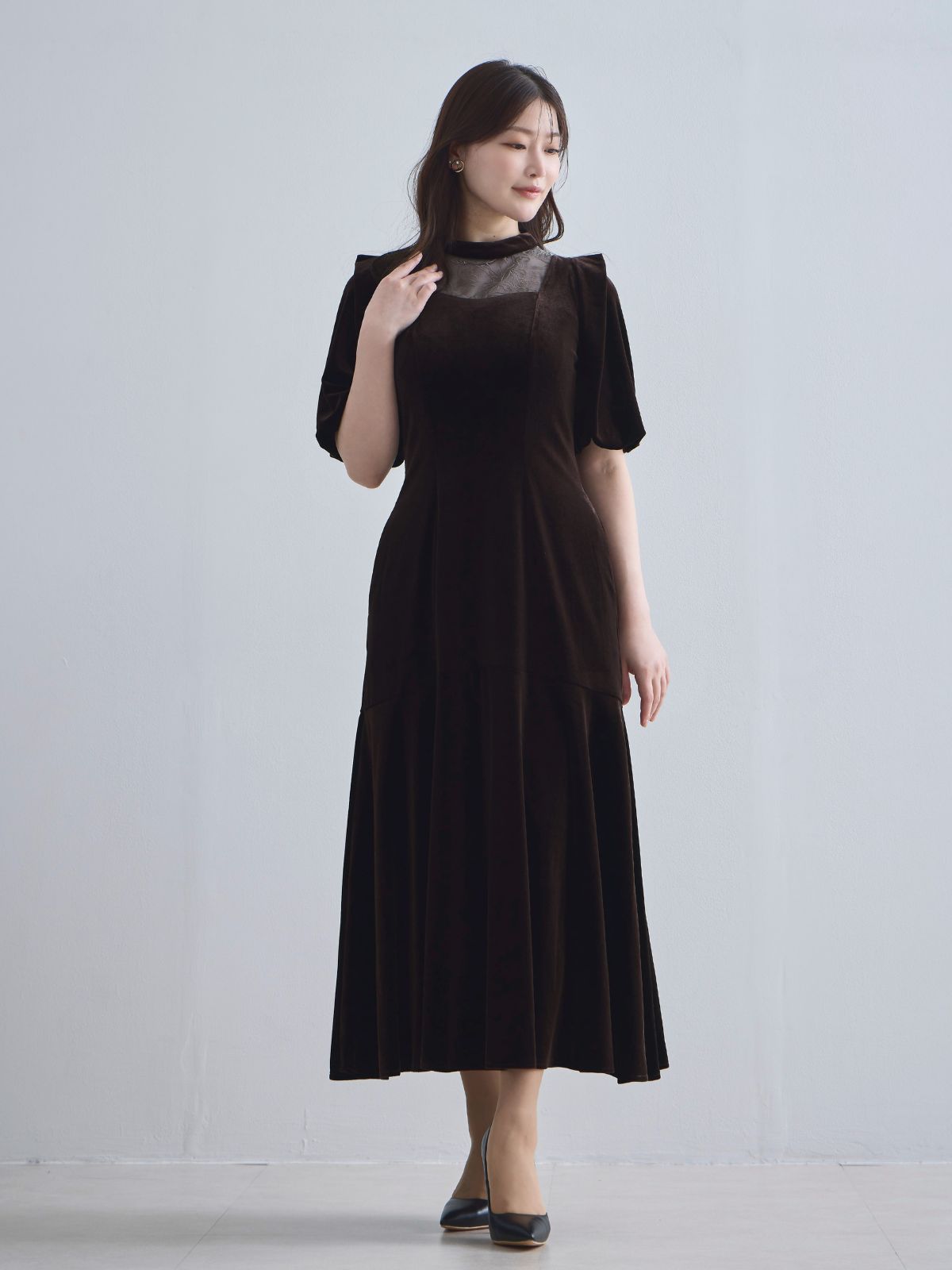 [10/9 22:00発売 期間限定 500円OFF]2wayスリーブベロアワンピース：ブラウン[102サイズ対応/入荷次第発送]