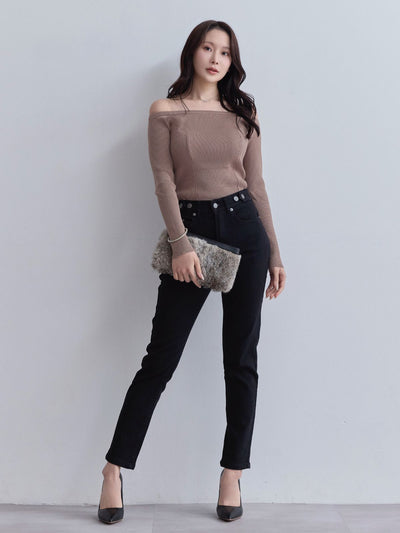 ウエスト調節できる裏微起毛ストレッチスキニーデニム：ブラック