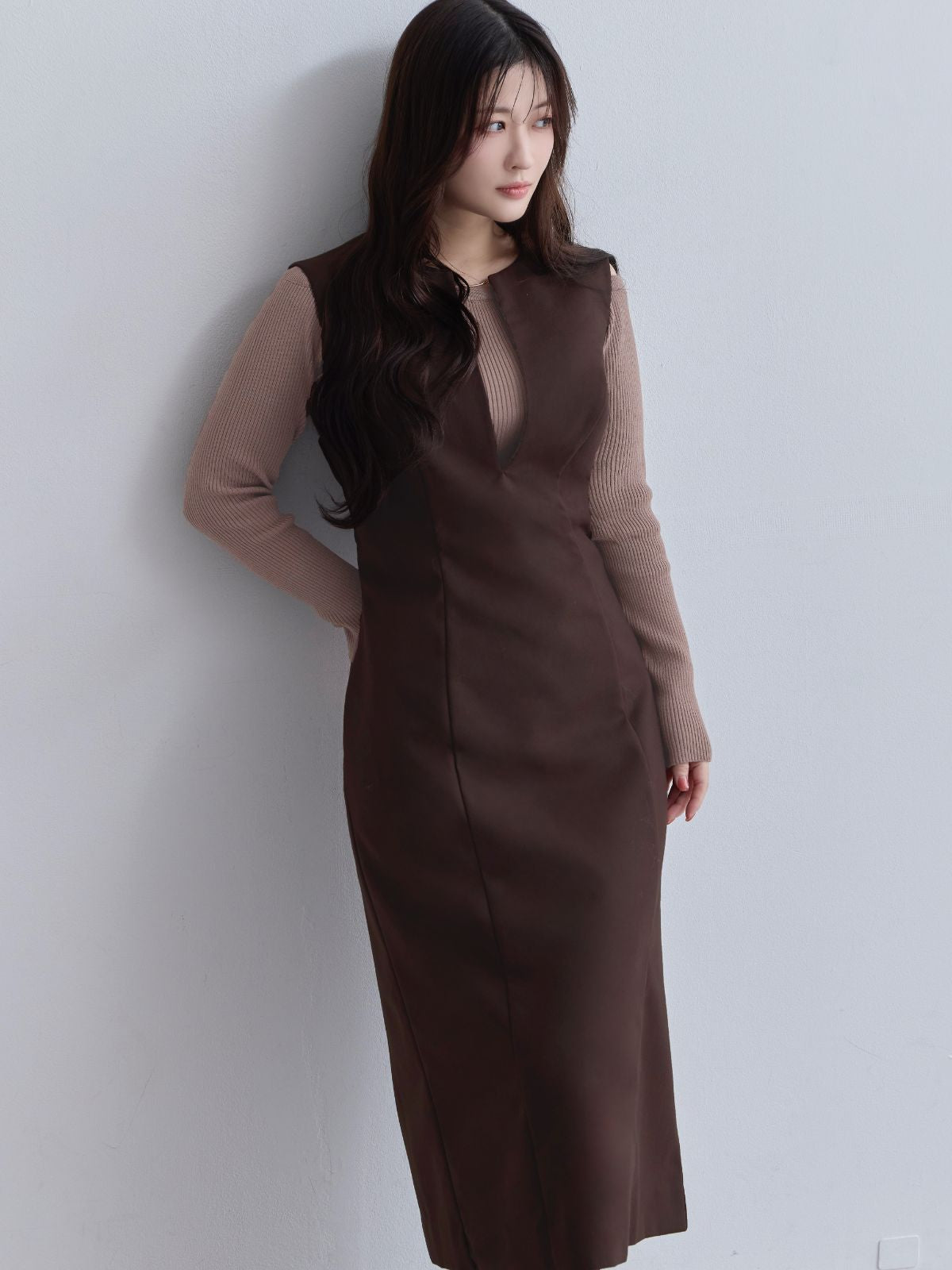 [11/6 22:00再販 期間限定 500円OFF]キーネックジャンパースカート：ダークブラウン[102サイズ対応/Sサイズ対応]