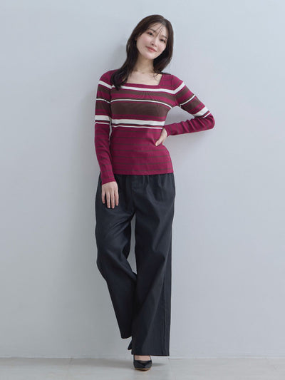 [11/20 22:00再販]スクエアネックマルチボーダーニット：ワイン[102サイズ対応]